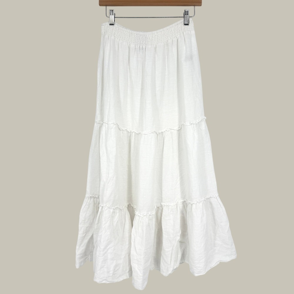 Rachel Zoe Women's White 100% Linen Tiered Maxi Skirt Smocked Waist Ruffle Boho